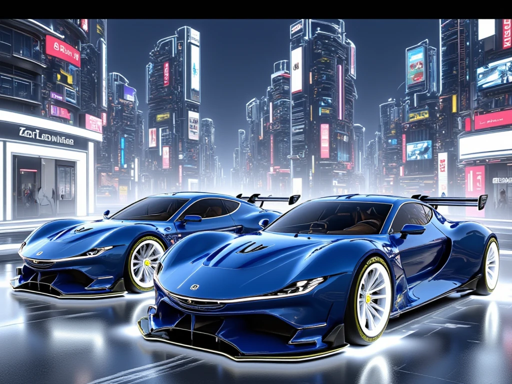 cyberpunk、masterpiece、 anatomically correct on white grass、 top quality 、 high detail、Neon Buildings、 Fairlady Zs30 、Blue Devil's Z 、 Custom 、 Wide Wheels 、Lowdown 、 Detailed Blister Fenders、 Full Smoke 、 side angle、Right beside、Full Car Chart 