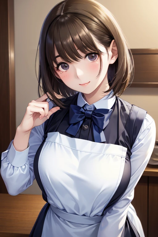  cute 21-year-old Japanese 、 apron,  black bow tie、 waiter、Cafe、 Super Details Face 、 pay attention to details 、 double eyelids in judo uniforms、 beautiful thin noses、 sharp concentration :1.2、 beautiful women:1.4、( light brown hair , short hair、),Pure white skin、 top quality 、masterpiece、 super high resolution 、( Photorealistic:1.4)、 high-definition professional writing、 Let me eat、Beautiful smile、 please show me her whole body、