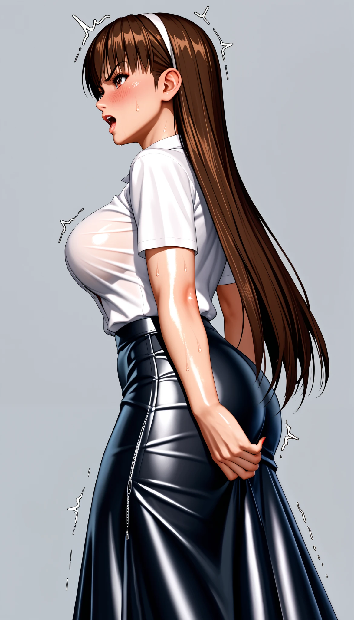 DOALeiFang, LeiFangDOA, gasp, {{{1 girl and 1 male}}}, {{{{{ Man standing between girl’s legs }}}}}, {{{{ Man holding girl's thighs }}}}, shiny black leather tight long skirt with side slit, shiny white business shirt, arm-behind-back, {{ and bend your body backwards }}, OL, be breathless, sweat, sparkling sweat, trembling, long brown straight hair, brown eyes, breasts, [[angry]], blush, {anguish}, {{shameful}}, from side, from below,