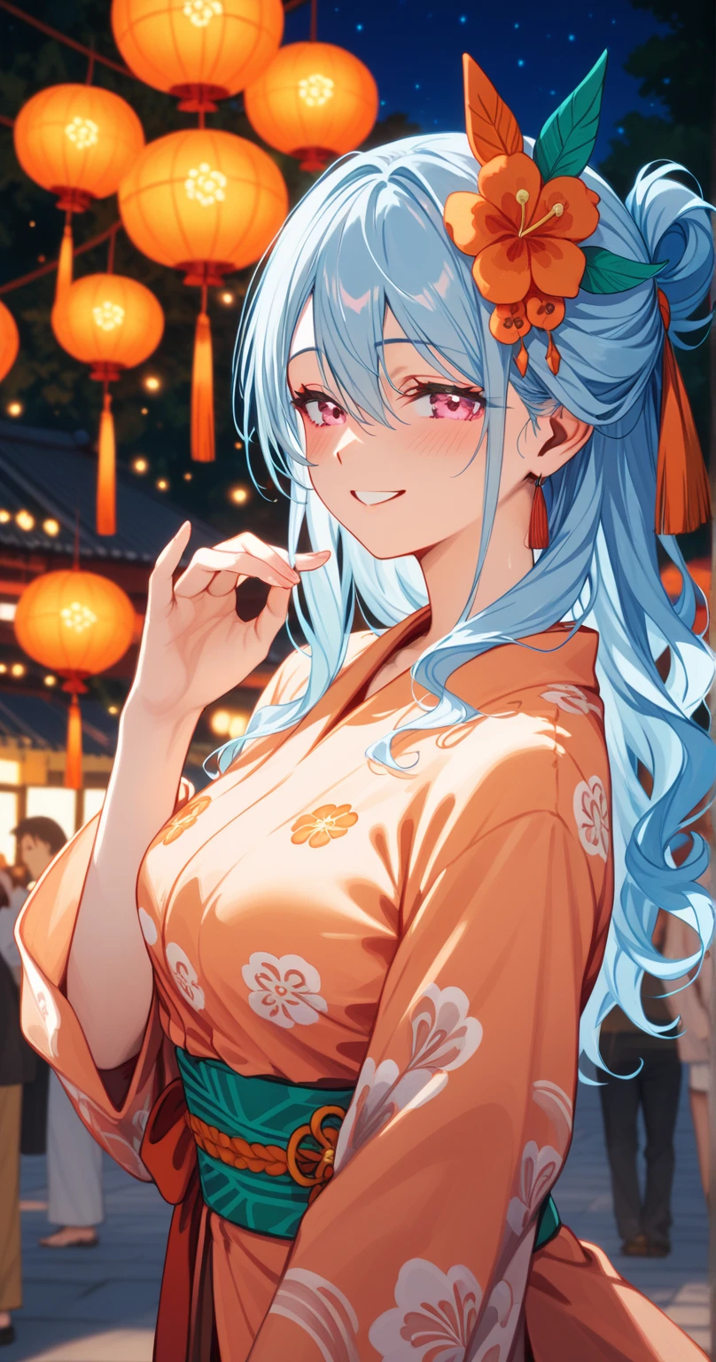 romancing saga 2, (half updo), pink eyes, light blue hair, hair ornament, black hairband, orange flower kanzashi,light orange yukata, emerald green obi, bangs between eyes
BREAK
25 year old woman、medium breasts,Moist eyes、Gentle eyes、Gentle look , blush,smile
BREAK
high definition , masterpiece,  anatomically correct ,  very detailed,  High Quality 
BREAK
Dienamic pose、summer festival at night, firework