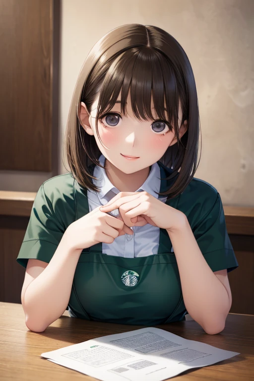  cute 21-year-old Japanese 、((Starbucks green apron)),  waiter、Cafe、 Super Details Face 、 pay attention to details 、 double eyelids in judo uniforms、 beautiful thin noses、 sharp concentration :1.2、 beautiful women:1.4、( light brown hair , short hair、),Pure white skin、 top quality 、masterpiece、 super high resolution 、( Photorealistic:1.4)、 high-definition professional writing、 Let me eat、Beautiful smile、 please show me her whole body、