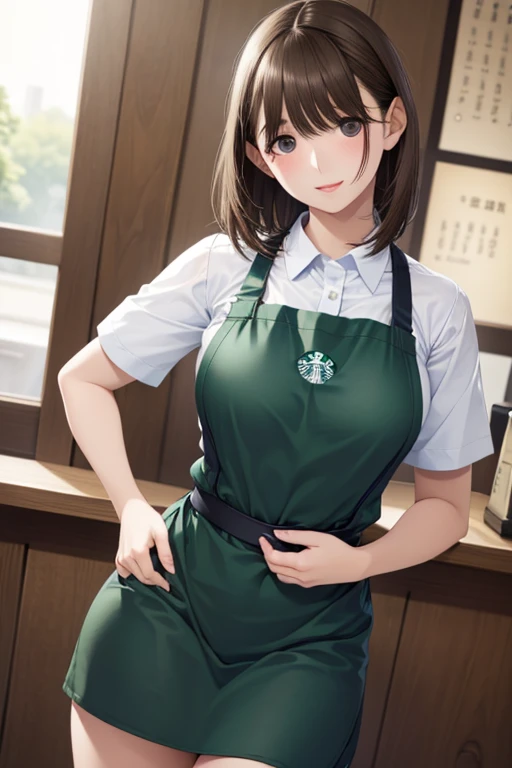  cute 21-year-old Japanese 、((Starbucks green apron)),  waiter、Cafe、 Super Details Face 、 pay attention to details 、 double eyelids in judo uniforms、 beautiful thin noses、 sharp concentration :1.2、 beautiful women:1.4、( light brown hair , short hair、),Pure white skin、 top quality 、masterpiece、 super high resolution 、( Photorealistic:1.4)、 high-definition professional writing、 Let me eat、Beautiful smile、 please show me her whole body、