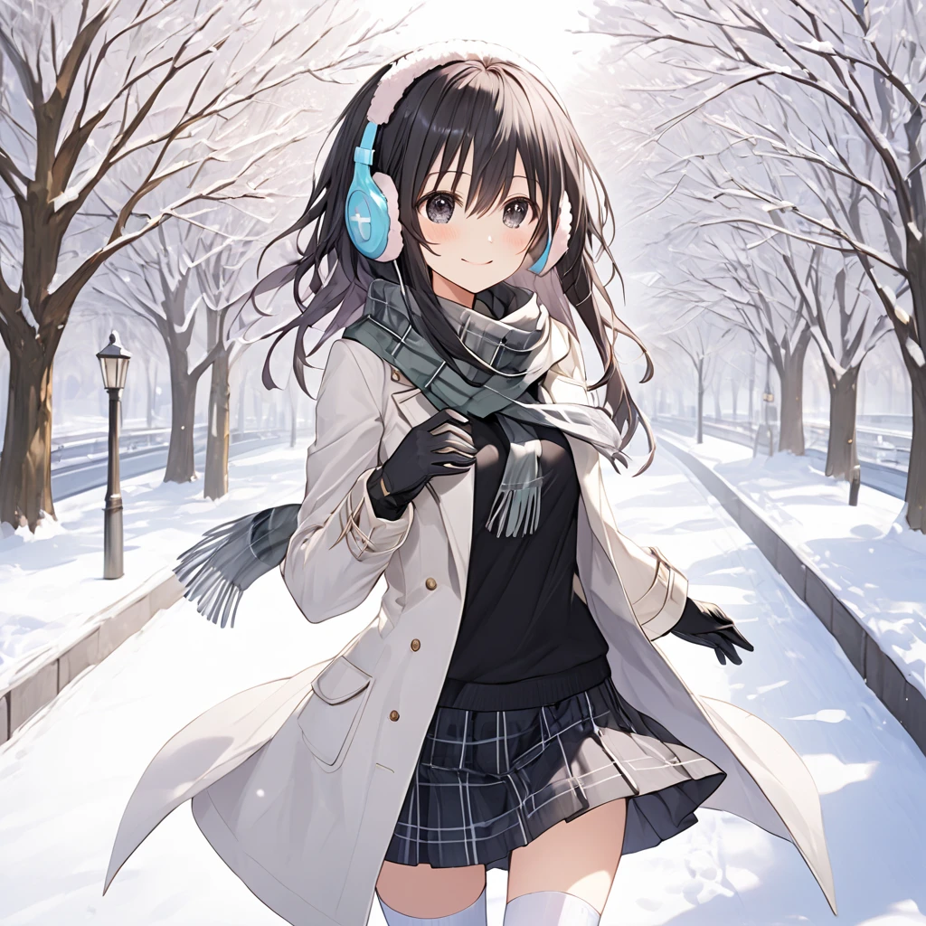 ( 1 girl), Green \(Neptunia )\, black hair, black eyes,(smile:1.5)、blush、(low ponytail:1.5), (long sidelocks:1.5), ,( small tits:1.5),( white overcoat :1.5)、( black plaid mini skirt:1.5),(white thigh high :1.5),grey plaid scarf、 boots、Earmuffs、gloves、snow,Park Walkway、front、 cowboy shot、 dynamic angle 、( perfect anatomy ),( best quality), ( ultra hi-res), (超 high definition ), ( Highly Detailed CG), (32K), (masterpiece)、eyesHD