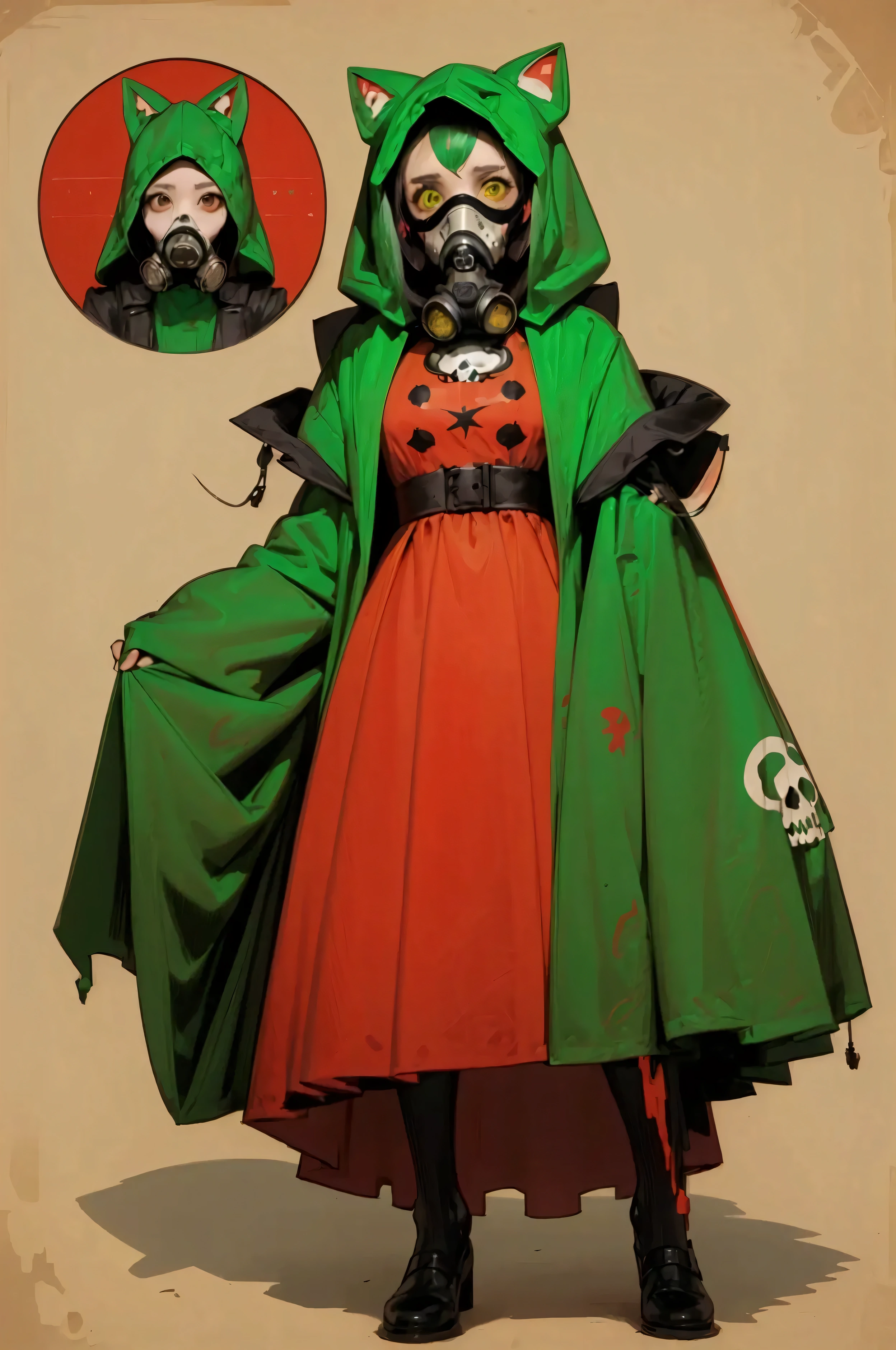 「 A Girl in a Cute Animal Costume and a Gas Mask」A logo design that says、horroor logo image、High contrast in red and green、Calligraphy、skull,A woman with a full-body image,
