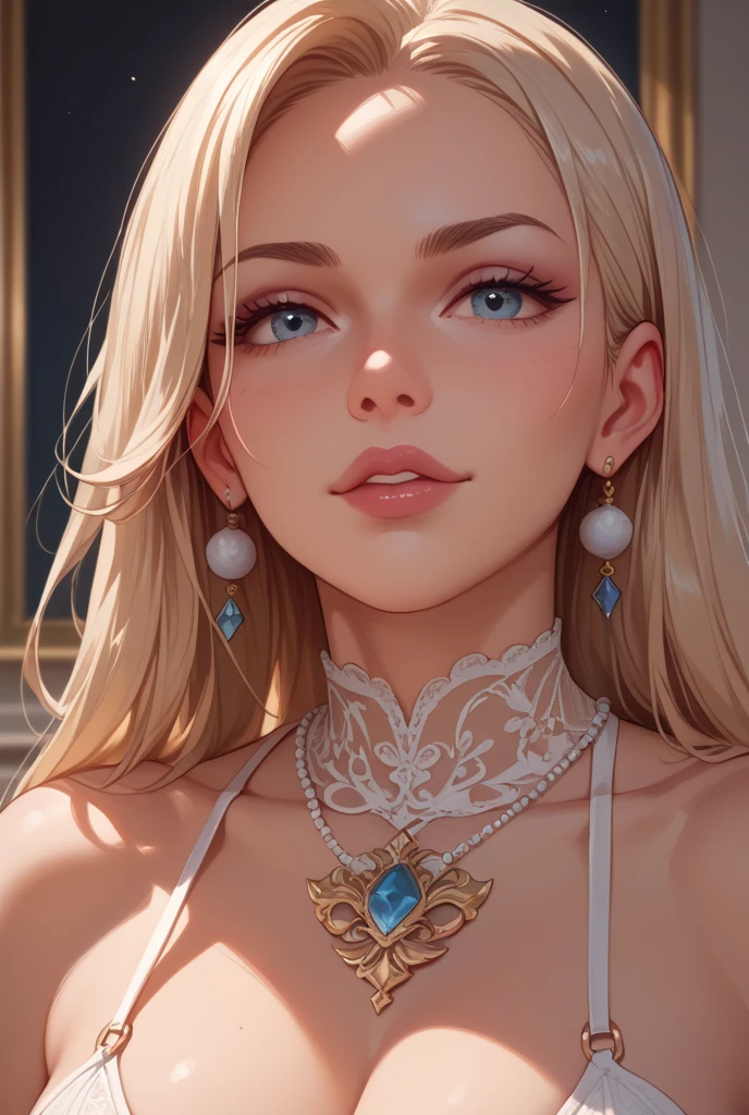 ((((masterpiece, best quality, high resolution)))), Extremely detailed 8K, Beautiful girl with slender body, e-girl, (Ultra HD, Ultra-detailed, Highly detailed, Highly realistic, Ultra-realistic, photograph realistic), (1girl:1.5), (Realistic blonde hair with dark roots), wavy hair, boho bob cut,(dark makeup, pink eyeshadow), facing at camera, light smile, (white and gold outfit, see through clothes, wet skin, transparent). (space cruise), naughty face, suggestive expression, innuendo
