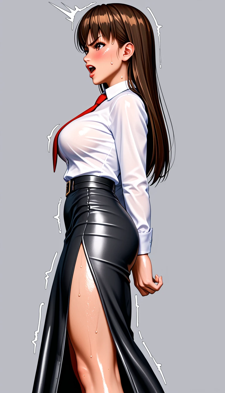 DOALeiFang, LeiFangDOA, gasp, {{{1 girl and 1 male}}}, {{{{{ Man standing between girl’s spread legs }}}}}, {{{{ Man holding girl's thighs }}}}, shiny black leather tight long skirt with side slit, shiny white business shirt, arm-behind-back, {{ and bend your body backwards }}, OL, be breathless, sweat, sparkling sweat, trembling, long brown straight hair, brown eyes, breasts, [[angry]], blush, {anguish}, {{shameful}}, from side, from below,