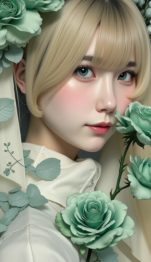  top quality 、masterpiece、 high definition 、８ｋ、 beautiful women、 blondes、片eyeが髪の毛に隠れている、greenい薔薇の生け花、 Wabi Sabi Art 、 super detailed _face_eye、非常に詳細なface、  black dress、white、green、black tone 、 parchment 、 abstract flower arrangement、greenい薔薇、 dreamy art 、silence、 wallpaper、