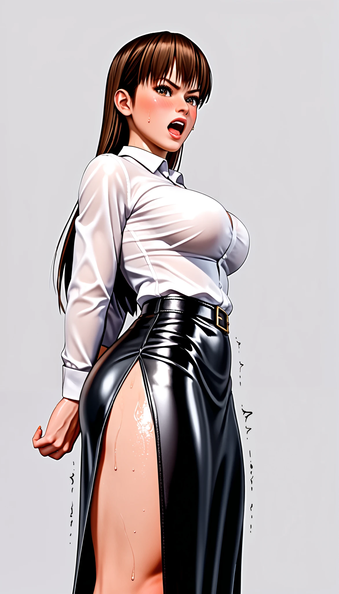 DOALeiFang, LeiFangDOA, gasp, {{{1 girl and 1 male}}}, {{{{{ Man standing between girl’s spread legs }}}}}, {{{{ Man holding girl's thighs }}}}, shiny black leather tight long skirt with side slit, shiny white business shirt, arm-behind-back, {{ and bend your body backwards }}, OL, be breathless, sweat, sparkling sweat, trembling, long brown straight hair, brown eyes, breasts, [[angry]], blush, {anguish}, {{shameful}}, from side, from below,