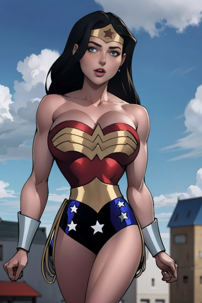 (High resolution CG), (    top quality ), (High resolution CG), (    top quality ), (Overall view)   Cool and attractive      ,       Wonder Woman costume    ,         beautiful young woman , 18 years old,           Toned Muscles      ,  with a  Cool and attractive      ,     Sharp Eye, Big Breasts, 