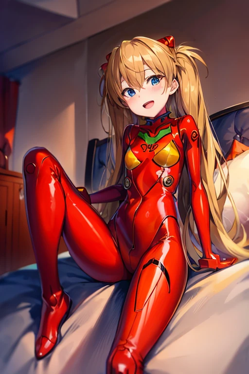 (( top quality )), ((masterpiece)), (be familiar with),  perfect face, indoor, bedroom,  is watching viewers,
One woman,  Soryu Asuka Langley,
 open mouth,  ecstatic expression beside the piano, blush, smile,
 small tits,  flat chested, Young girl, Lori,  s,  girl,
 long hair,  Twin Tails ,
Leg spread,