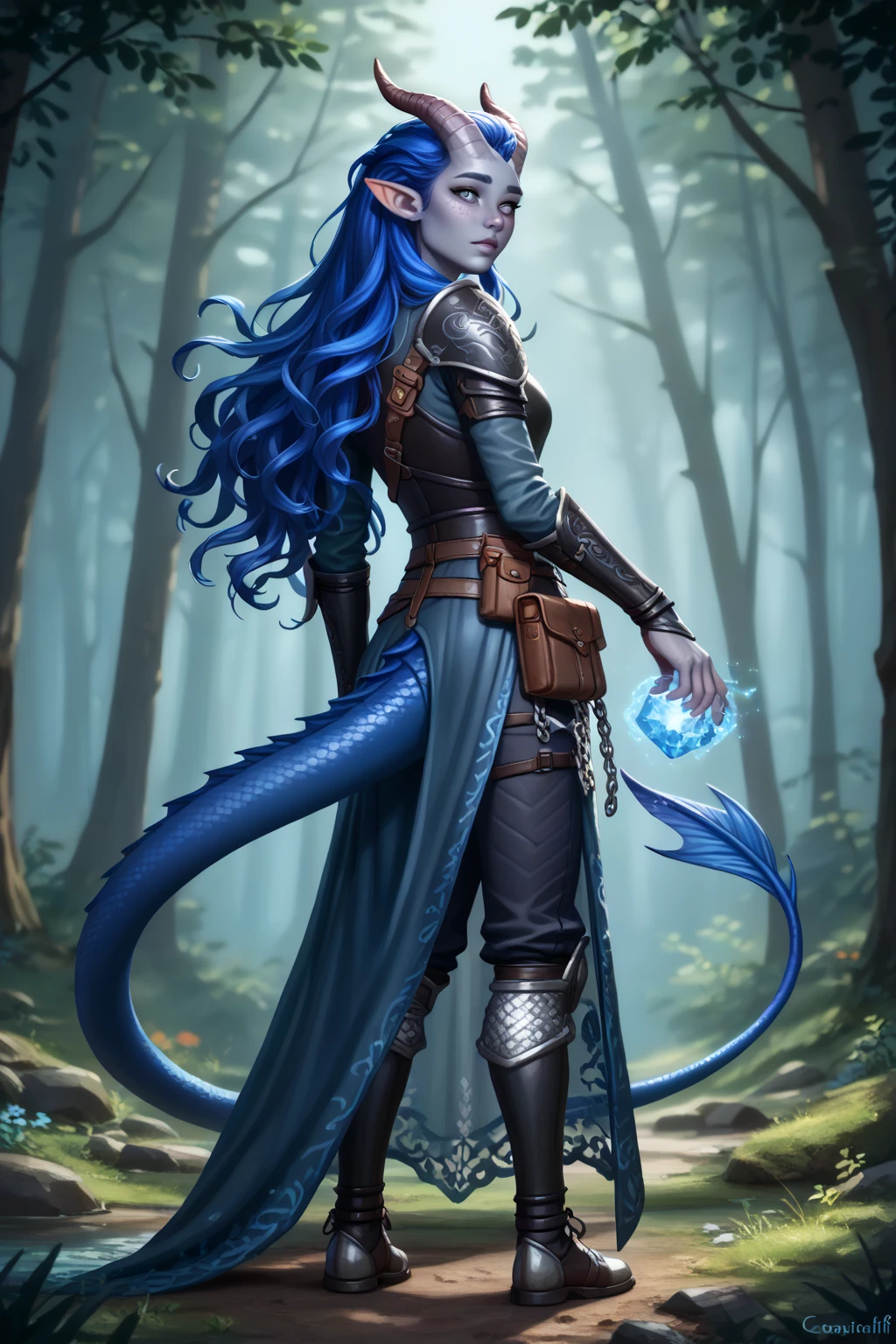 (Растёт раскидистый cedar ), ((forest in the background, cedar )), dynamics, (1Тiefling ,  dark blue-gray skin :1.4), (very thick long tiefling dragon tail:1.5), (((long dark blue flowing hair))) ,  ((( bright pigmentation on the face))), (((blue-black freckles ))) , ((2 fins on the head)), ((bright blue-grey pupils, very black eyes)), ((skin pigmentation,)),  girl  , (kind face), (face visible), (curiosity ), ( openness in view ), (small lips), ( curious eyes ), ((30 years old)), ((((chainmail)))), ((gray-black armor )),  (( Protection on a thick long dragon blue tail)), [medieval pants], (short little raincoat), (1 magic book in hand,  into another twisted magic wand with a blue crystal) (( dynamic posture looks back from behind, in half a turn, face visible)) , ( dark grey straight short horns), ( supreme quality ,  masterpiece fails,   highest detail ) ,  fantasy background. blue tones, Dark tones.  Clear water, stream , scale,  Dark colors , dark shades,  muted colors. ((Bottom view from afar Dutch corner,  full length)).