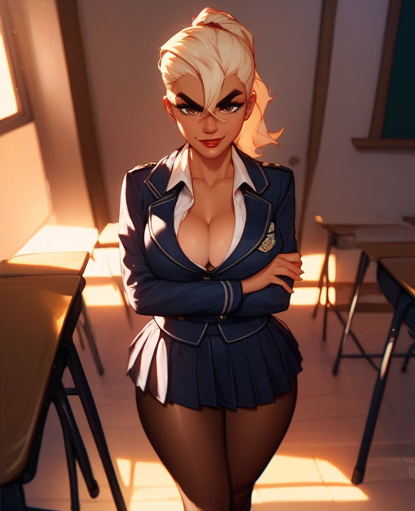 (Masterpiece), 1girl, blond hair, hazel eyes, thick eyebrows, long eyelashes, hair between eyes, single ponytail, clean uniform, school uniform, black top, black bottom, inside classroom, arms crossed, standing over viewer, tan skin, brown shoes, cleavage, perky breasts, standing over viewer, make up, red lips, looking down at viewer, disgusted expression, smirk, haughty, day time, dynamic lighting, very detailed, pantyhose