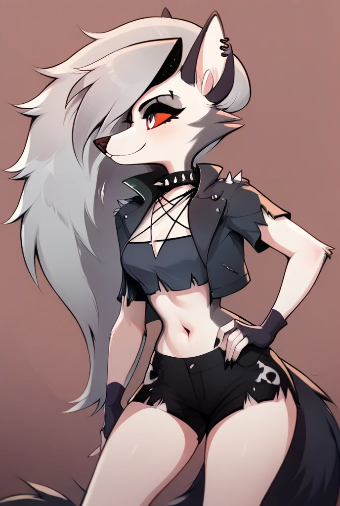 Loona's appearance includes her usual whitish fur, light grey hair, black-tipped ears, and red eyes, complemented by her punk-inspired attire featuring a black choker with spikes, a dark grey top, fingerless wrist-length black gloves, and black shorts.