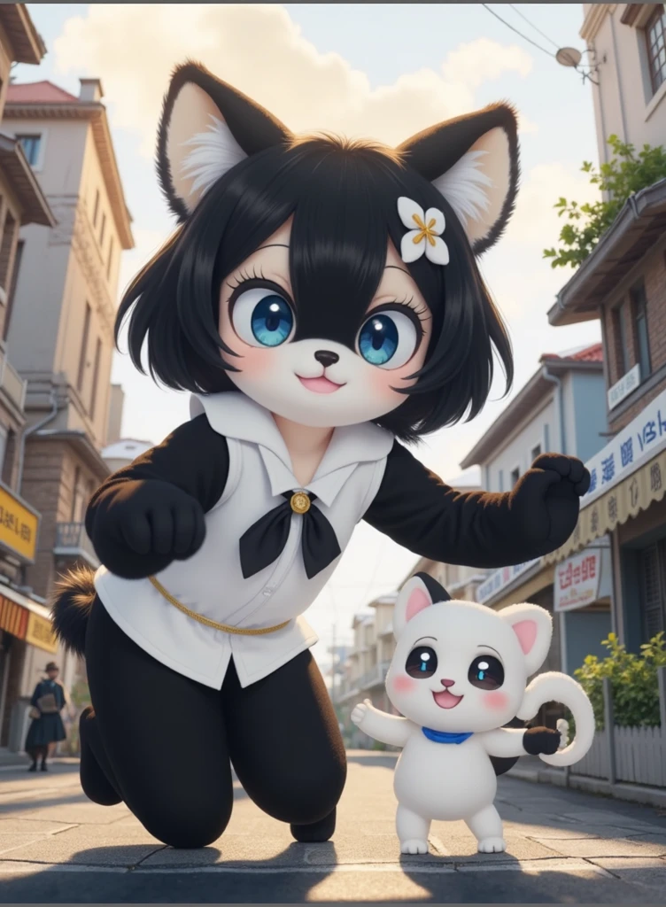 "A detailed and vibrant anime-style anthropomorphic black cat girl with large blue eyes and fluffy black hair, wearing a white blouse, black bow, and a gold belt. She is walking gracefully, arms relaxed, and in a natural walking pose. The background is a peaceful winter landscape with snowy streets, frosty air, and subtle winter lighting. Snow-covered buildings and soft sunlight complete the atmosphere. The character remains unchanged except for the pose, and there is no white cat companion."