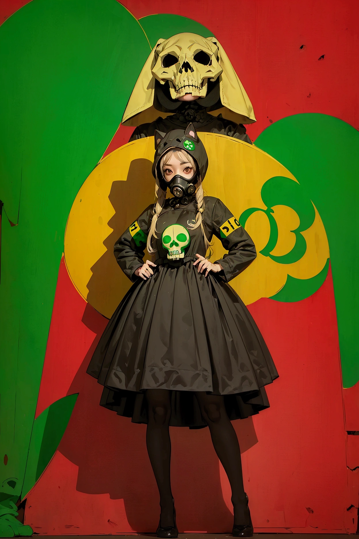 「 A Girl in a Cute Animal Costume and a Gas Mask」A logo design that says、horroor logo image、High contrast in red and green、Calligraphy、skull,A woman with a full-body image,
