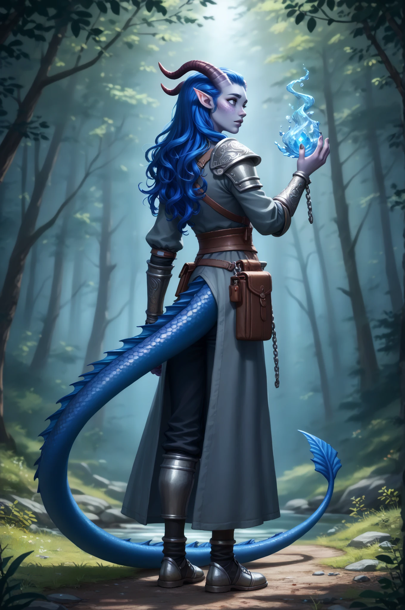 (Растёт раскидистый cedar ), ((forest in the background, cedar )), dynamics, (1Тiefling ,  dark blue-gray skin :1.4), (very thick long tiefling dragon tail:1.5), (((long dark blue flowing hair))) ,  ((( bright pigmentation on the face))), (((blue-black freckles ))) , ((2 fins on the head)), ((bright blue-grey pupils, very black eyes)), ((skin pigmentation,)),  girl  , (kind face), (face visible), (curiosity ), ( openness in view ), (small lips), ( curious eyes ), ((30 years old)), ((((chainmail)))), ((gray-black armor )),  (( Protection on a thick long dragon blue tail)), [medieval pants], (short little raincoat), (1 magic book in hand,  into another twisted magic wand with a blue crystal) (( dynamic posture looks back from behind, in half a turn, face visible)) , ( dark grey straight short horns), ( supreme quality ,  masterpiece fails,   highest detail ) ,  fantasy background. blue tones, Dark tones.  Clear water, stream , scale,  Dark colors , dark shades,  muted colors. ((Bottom view from afar Dutch corner,  full length)).