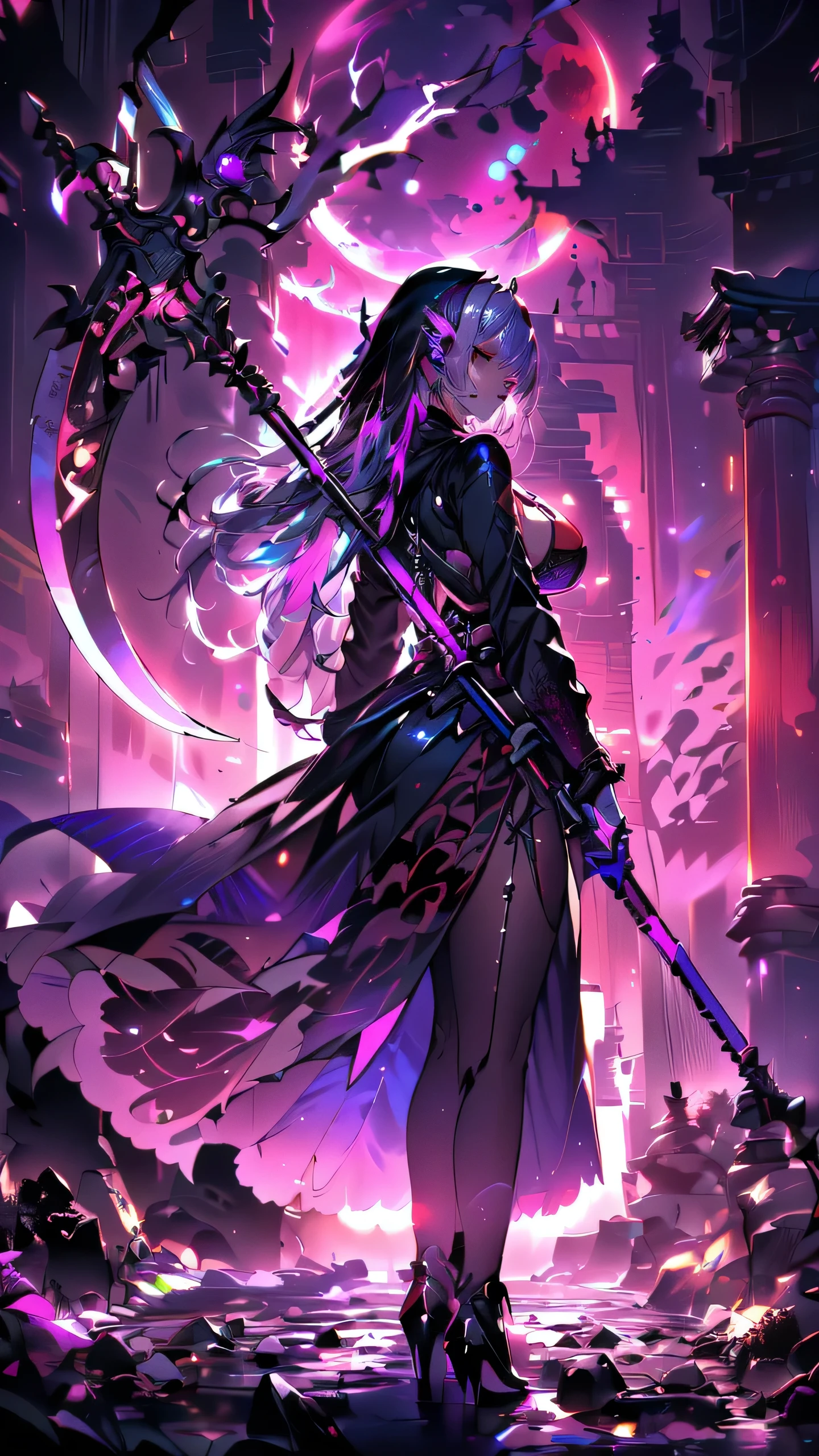 16k,Super fine,masterpiece,best quality, (silhouette art:1.4), (Double Exposure:1.3), The Queen in a stylish and sexy ninja hoodie with one eye covered with a black cloth like an eyepatch that shows off her cleavage and thighs sits cross-legged on her sinister throne, looking down with confidence and dignity in her modern, sophisticated high heels.,Bright violet and silver hair with pink streaked or violet streaked, wields an infernal Grim Reaper's huge scythe to hunt souls,Blue Moon, (close-up),Japanese neon that shines in pink and purple is reflected in a puddle.,Fantastic neon large stained glass and many jewel fragments flying in the air, refracted light and clockwork spread out against the backdrop of a mid-night Japanese garden.