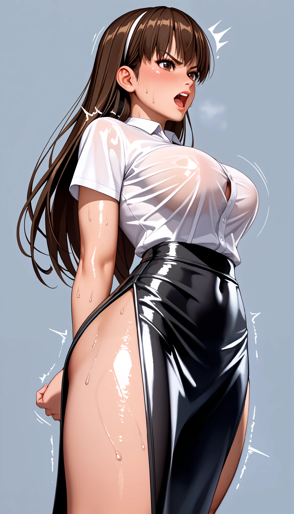 DOALeiFang, LeiFangDOA, gasp, {{{1 girl and 1 male}}}, {{{{{ Man standing between girl’s spread legs and holding girl’s legs }}}}}, shiny black leather tight long skirt with side slit, shiny white business shirt, arm-behind-back, {{ and bend your body backwards }}, OL, be breathless, sweat, sparkling sweat, trembling, long brown straight hair, brown eyes, breasts, [[angry]], blush, {anguish}, {{shameful}}, from side, from below,