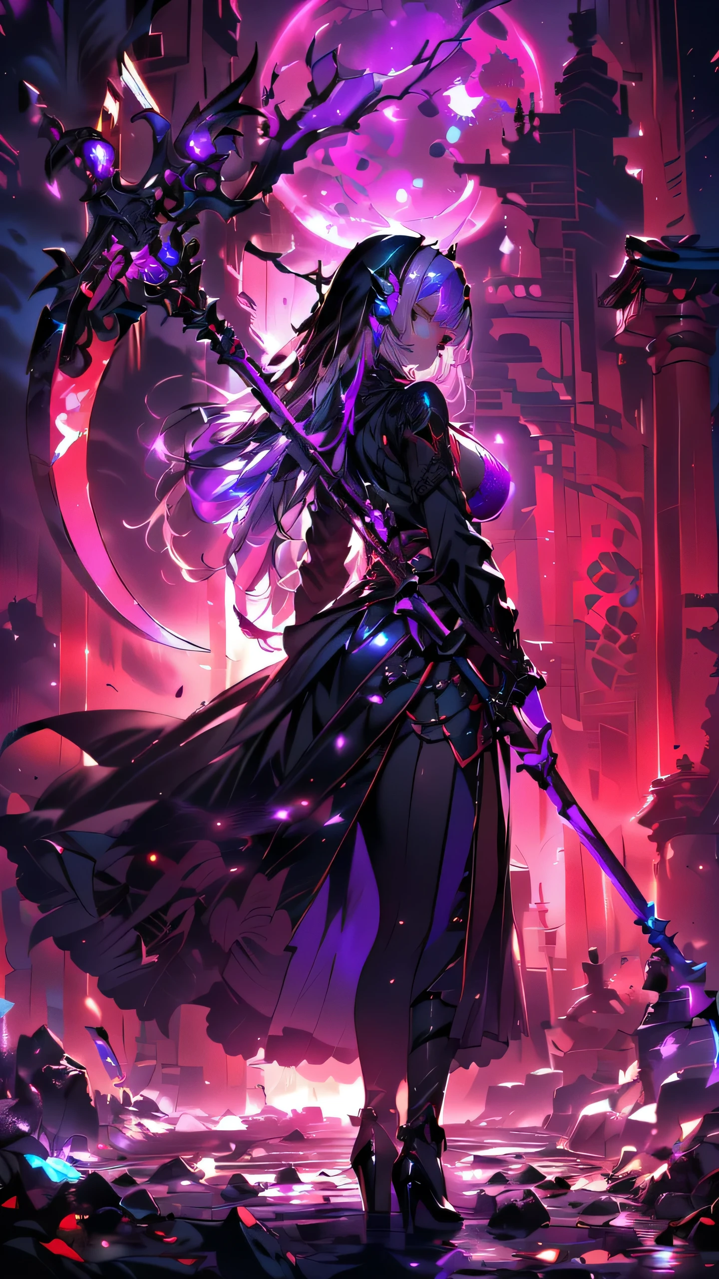 16k,Super fine,masterpiece,best quality, (silhouette art:1.4), (Double Exposure:1.3), The Queen in a stylish and sexy ninja hoodie with one eye covered with a black cloth like an eyepatch that shows off her cleavage and thighs sits cross-legged on her sinister throne, looking down with confidence and dignity in her modern, sophisticated high heels.,Bright violet and silver hair with pink streaked or violet streaked, wields an infernal Grim Reaper's huge scythe to hunt souls,Blue Moon, (close-up),Japanese neon that shines in pink and purple is reflected in a puddle.,Fantastic neon large stained glass and many jewel fragments flying in the air, refracted light and clockwork spread out against the backdrop of a mid-night Japanese garden.