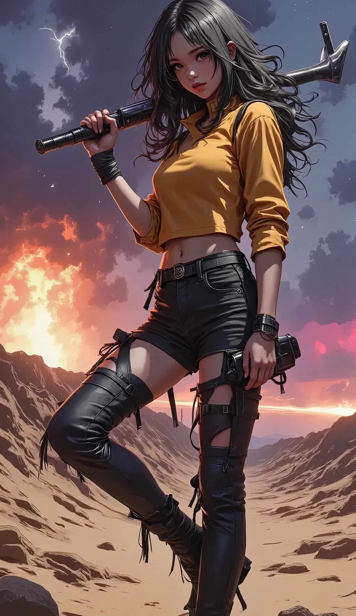  anime style,  centered image:1.4, dark and torn, (( a young and beautiful muscular body in leather clothes:1.6)), fierce expression, having a weapon, (colors in your clothes, warm, orange, yellow, Violet: 1.3),  Standing in a desolate field  ,  dramatic lighting , intense shadows, sandy texture,  high contrast ,  vibrant colors,  dynamic pose , Powerful posture, rough background, explosive environment , dystopian theme,  surreal elements ,  digitally painted illustration ,  high definition resolution ,  intricate details ,  dramatic composition ,  avant-garde and chaotic brushstrokes , gothic style, intense emotions, epic scale,  Raw and rough feeling ,  Captivating and provocative works of art..mixbabyiffy41