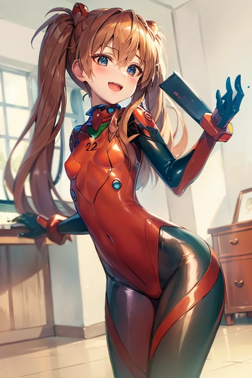 (( top quality )), ((masterpiece)), (be familiar with),  perfect face, indoor, bedroom,  is watching viewers,
One woman,  Soryu Asuka Langley,
 open mouth,  ecstatic expression beside the piano, blush, smile,
 small tits,  flat chested, Young girl, Lori,  s,  girl,
 long hair,  Twin Tails ,
Leg spread,