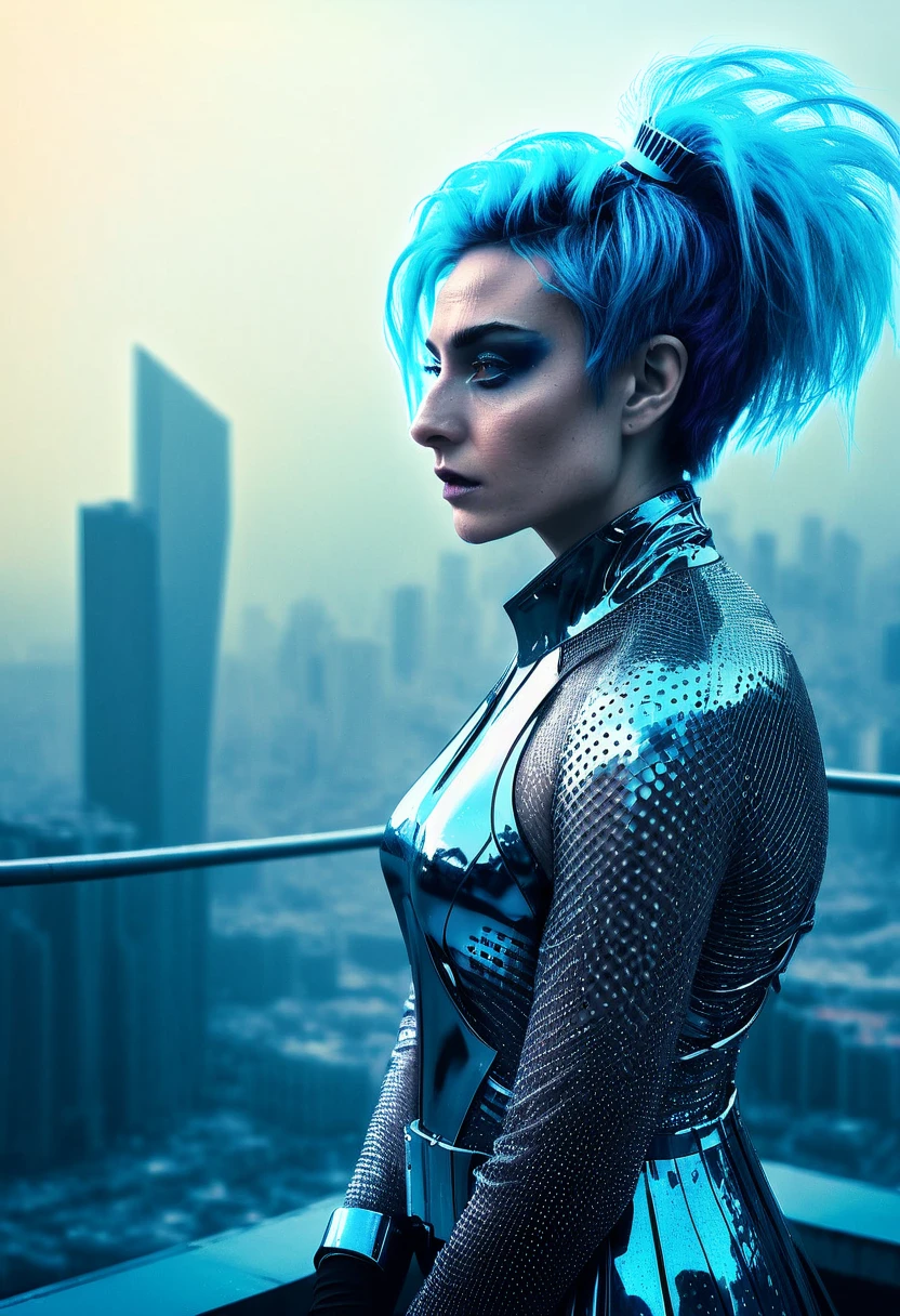 Fancy colors. a futuristic queen. , texture, film grain, skin pores:0.1 intricate dramatic portrait of a beautiful windblown scifi scientist standing on a balcony overlooking a futuristic (solarpunk)1.2 city, foggy morning, cinematic movie still frame, blade runner 2049, punk hair style, altered carbon, (analog style)1.3 (film grain)1.3, stephan martiniere Wadim Kashin Simon Stalenhag michal karcz ismail inceoglu. Joker. Visual accounts with the viewer 