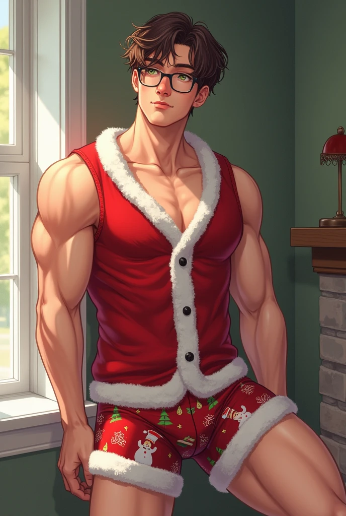 30 years old, big eyes, Chinese male, stubble, white inches, huge muscles, exaggerated muscles, mature man, muscle swelling, bodybuilding, pectoral muscles, abs, in a dollhouse, nutcracker, baroque pattern pajamas in red velvet, super large gift box, golden round bells around the neck, wheat-colored skin, 1man, standing, night, fireplace,