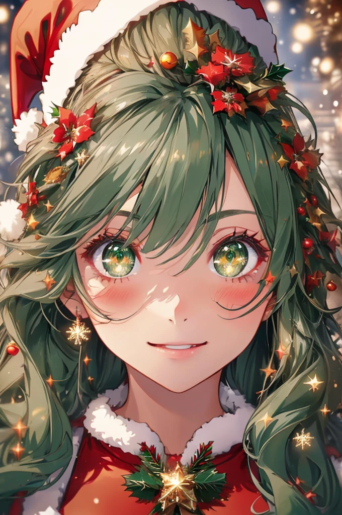 (best quality, masterpieces:1.2), (realistic, photorealistic:1.37), beautiful detailed green eyes, beautiful girl, portrait, in Christmas style, with fireworks, upper body many more christmas