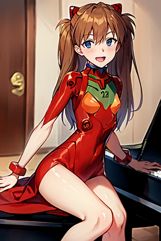 (( top quality )), ((masterpiece)), (be familiar with),  perfect face, indoor, bedroom,  is watching viewers,
One woman,  Soryu Asuka Langley,
 open mouth,  ecstatic expression beside the piano, blush, smile,
 small tits,  flat chested, Young girl, Lori,  s,  girl,
 long hair,  Twin Tails ,
Leg spread,