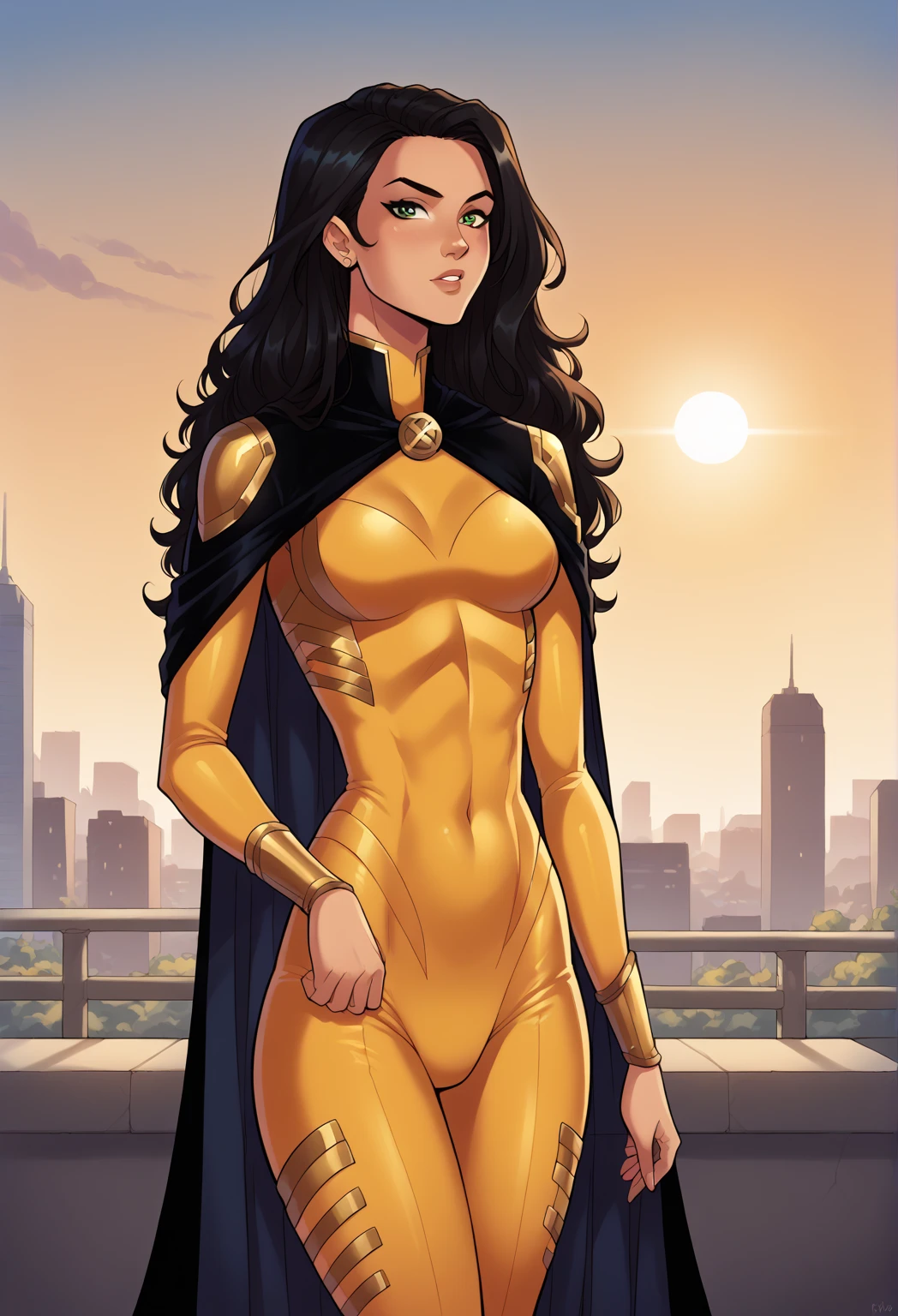 safe_pos, 1girl, solo, alone, score_9, score_8_up, score_7_up,
Latina, with light brown skin, adorned with long, wavy black hair and bright green eyes. Bodysuit, sexy, sun symbol, yellow costume, black cape, city, day