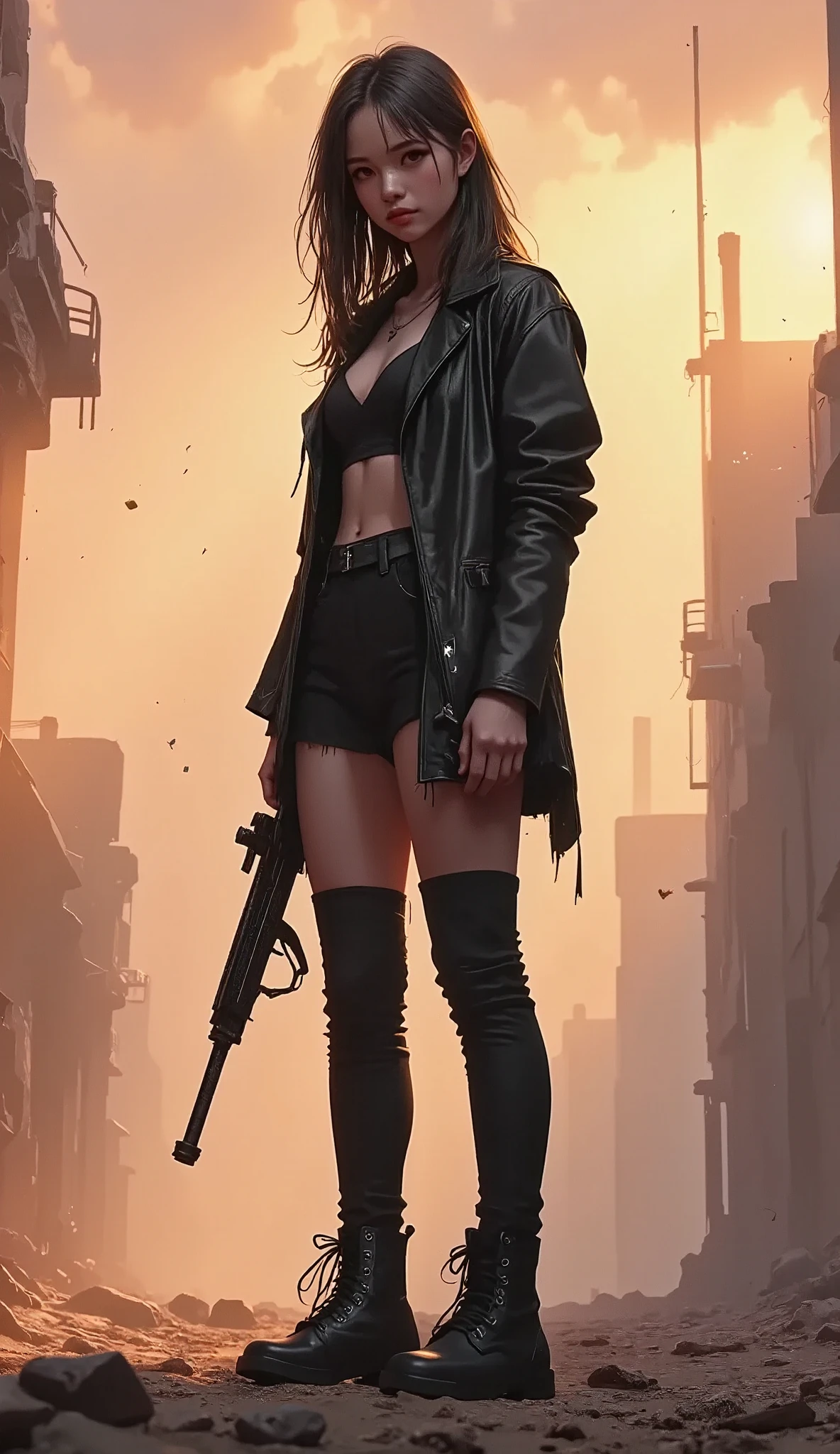  anime style:1.41, centered image:1.4, dark and torn, (( a young and beautiful muscular body in leather clothes:1.6)), fierce expression, having a weapon, (colors in your clothes, warm, orange, yellow, Violet: 1.3),  Standing in a desolate field  ,  dramatic lighting , intense shadows, sandy texture,  high contrast ,  vibrant colors,  dynamic pose , Powerful posture, rough background, explosive environment , dystopian theme,  surreal elements ,  digitally painted illustration ,  high definition resolution ,  intricate details ,  dramatic composition ,  avant-garde and chaotic brushstrokes , gothic style, intense emotions, epic scale,  Raw and rough feeling ,  Captivating and provocative works of art..mixbabyiffy41