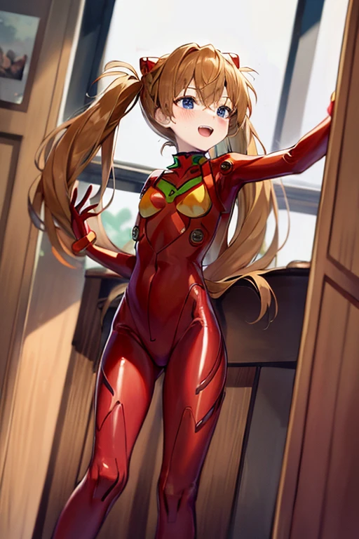 (( top quality )), ((masterpiece)), (be familiar with),  perfect face, indoor, bedroom,  is watching viewers,
One woman,  Soryu Asuka Langley,
 open mouth,  ecstatic expression beside the piano, blush, smile,
 small tits,  flat chested, Young girl, Lori,  s,  girl,
 long hair,  Twin Tails ,
Leg spread,