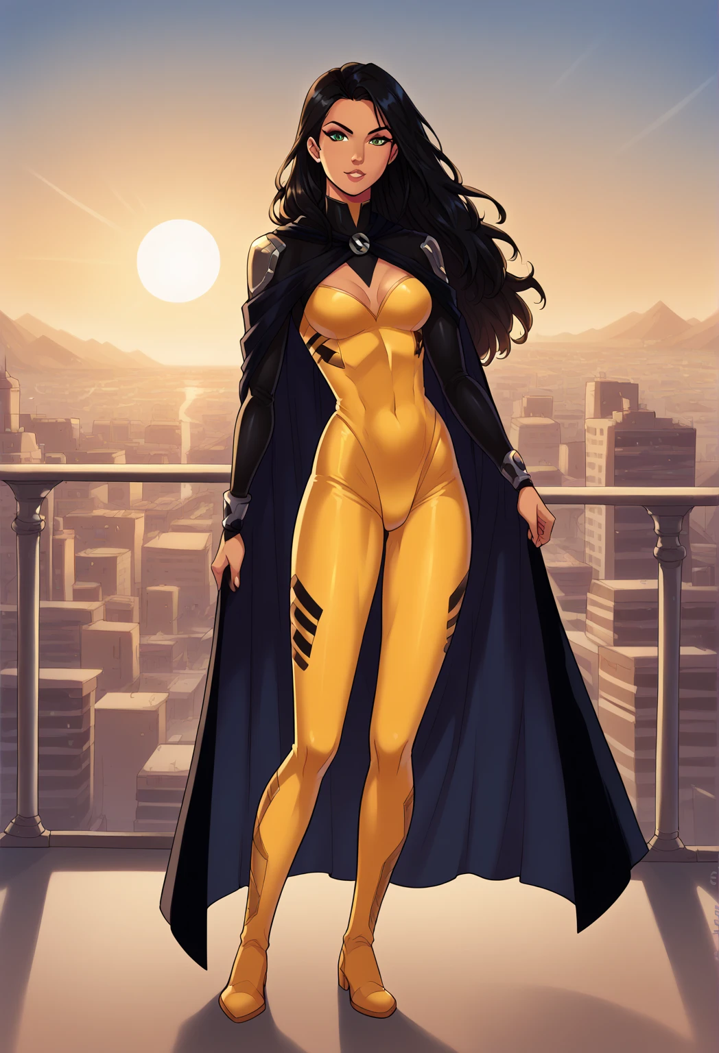 safe_pos, 1girl, solo, alone, score_9, score_8_up, score_7_up, 
Latina, with light brown skin, adorned with long, wavy black hair and bright green eyes. Bodysuit, sexy, sun symbol, yellow costume, black cape, city, day

full body, standing, looking at viewer, sexy 