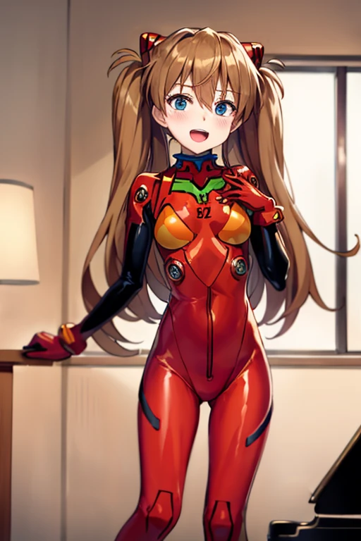 (( top quality )), ((masterpiece)), (be familiar with),  perfect face, indoor, bedroom,  is watching viewers,
One woman,  Soryu Asuka Langley,
 open mouth,  ecstatic expression beside the piano, blush, smile,
 small tits,  flat chested, Young girl, Lori,  s,  girl,
 long hair,  Twin Tails ,
Leg spread,