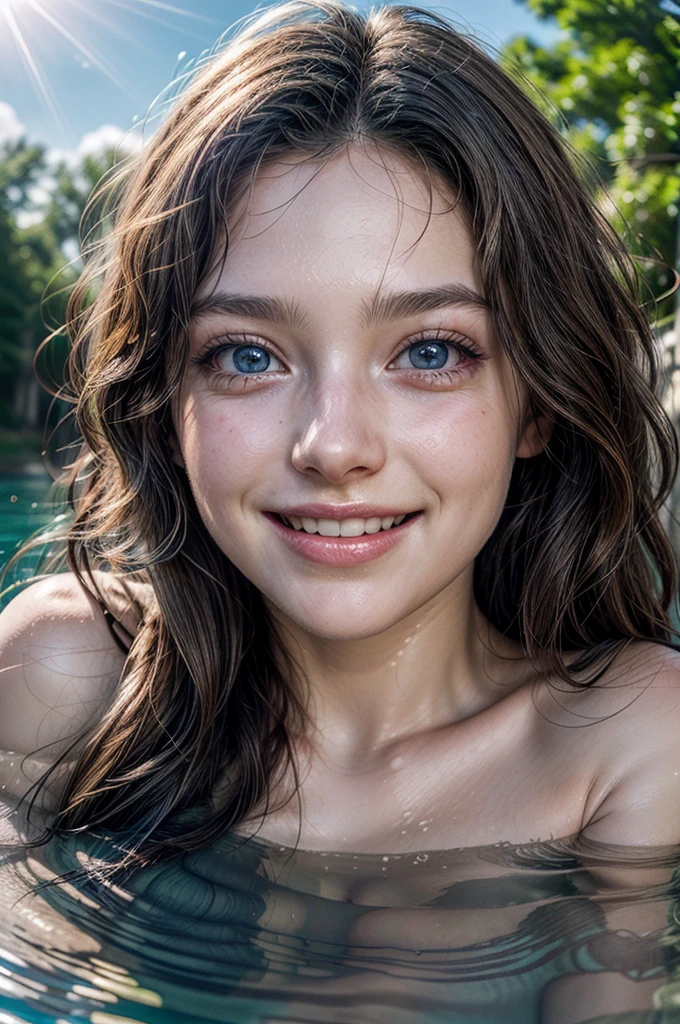 Woman diving underwater, mysterious, photorealistic, fair smooth skin, grey-blue eyes, beautiful face, brunette hair, long hair swaying underwater, photon mapping, bright natural light, vibrant colors, aesthetic, smiling face,