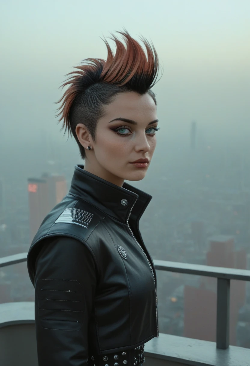 Fancy colors. a futuristic queen. , texture, film grain, skin pores:0.1 intricate dramatic portrait of a beautiful windblown scifi scientist standing on a balcony overlooking a futuristic (solarpunk)1.2 city, foggy morning, cinematic movie still frame, blade runner 2049, punk hair style, altered carbon, (analog style)1.3 (film grain)1.3, stephan martiniere Wadim Kashin Simon Stalenhag michal karcz ismail inceoglu. Joker. Visual accounts with the viewer 