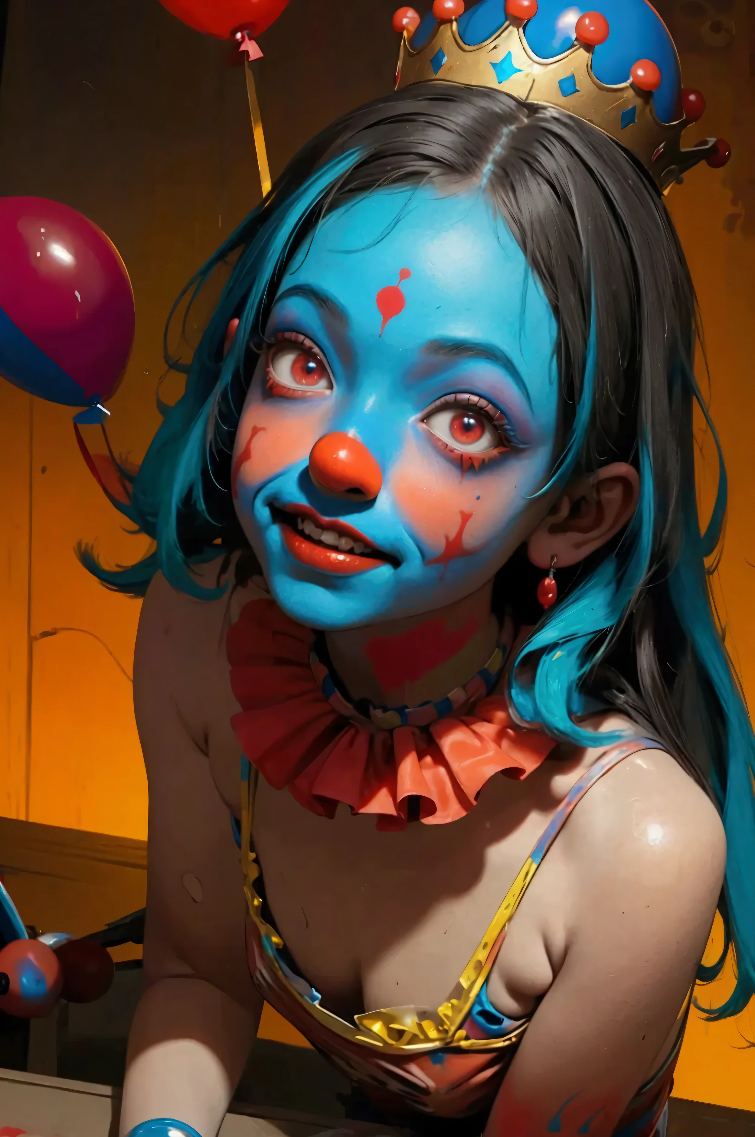  Clown with blue hair and red clown makeup、  surrounded by red balloons  ,  cute core crown core  , Creepy Clown Girl, Scary clown, Clown Girl, Detailed painting 4k, portrait desk crown  ,   Artstation contest winner   , Goth Clown Girl, deviantart artstation cgscosiety ,  CG Society Contest Winners  !!,  CG Society Contest Winners  !!!, y 2 k  cute core crown core  , whole body
