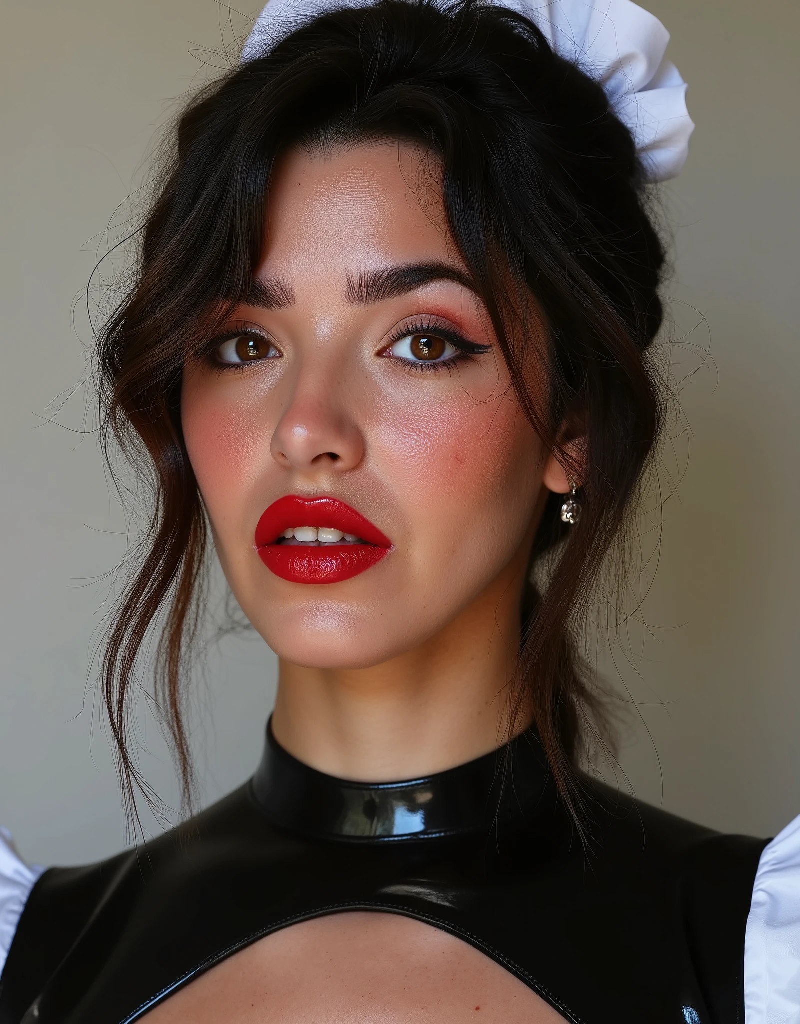 cute portrait of woman who has had lip fillers and has very full lips, red lip gloss, latex maid outfit, shiny lips, gloss,