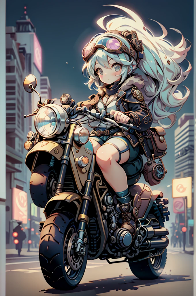  steampunk from the side、Cool pastel colors 、 a pretty girl warrior riding a motorcycle with goggles on her head、The background is a white and light gray cityscape