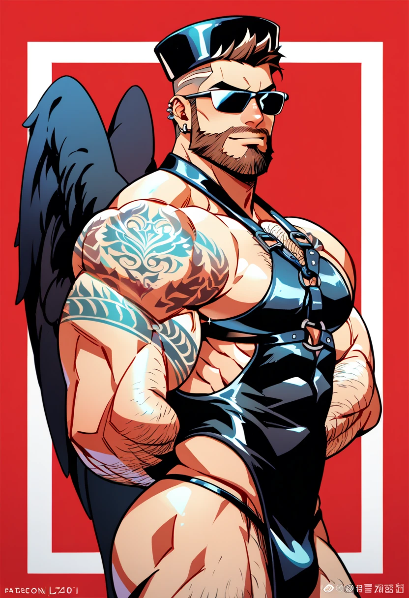 a bearded tattooed muscle cowboy with  angel black wings  posing,  SFW,  muscular man,  Perfect anatomy ,  balanced anatomy ,  hairy,  big breast, BDSM costume , bdsm kepi hat, Sunglasses,  black thong,black harness , big crotch, lewd expression,  muscular,  short haircut, bearded,  brown hair , piercings,  angel black wings ,  red background ,  high resolution, high quality, Masterpiece.