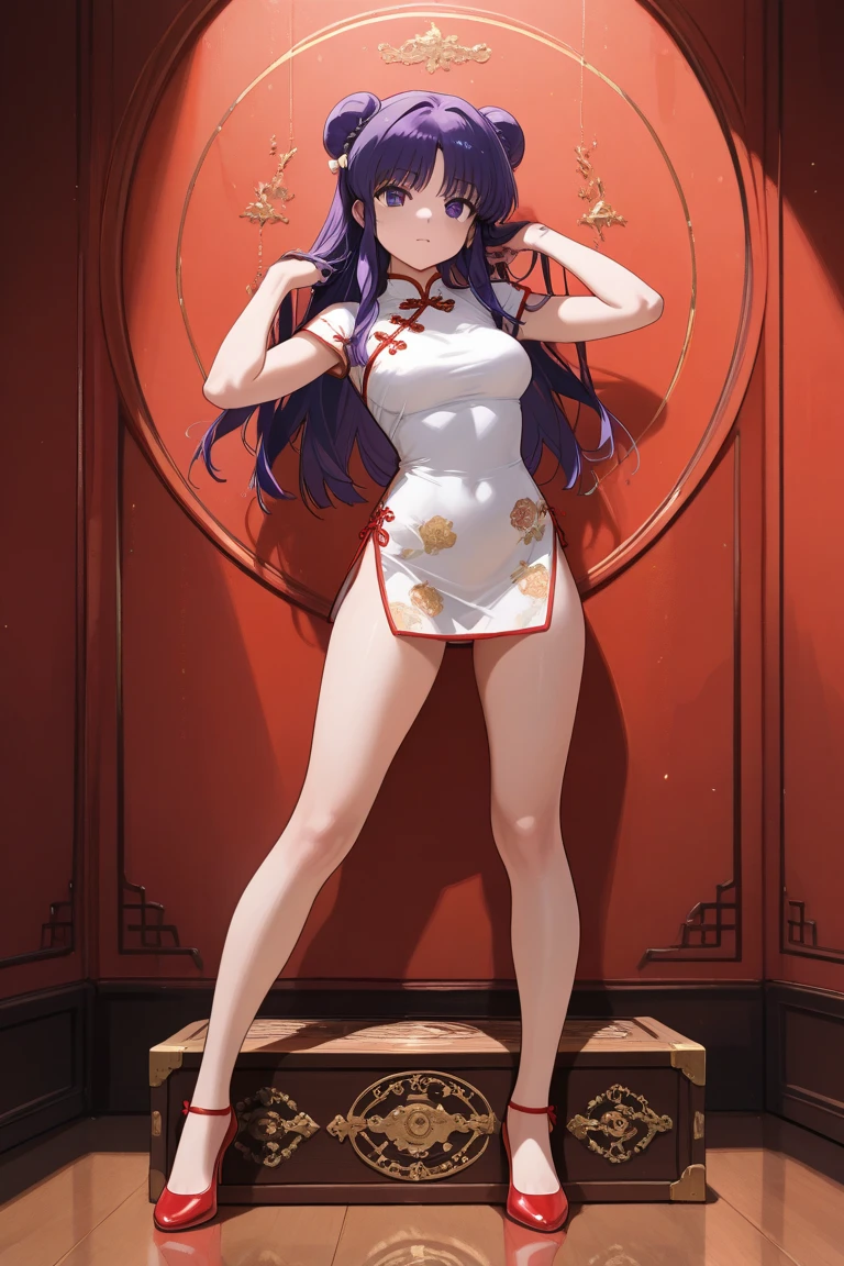 Takada Rokka, rich back lane, Black Hair, blue eyes, Long Hair, List scrunchie,smile,blush,Sleeveless purple white Chinese dress,Long slit,Black pantyhose,Stiletto heels,Walking,
break looking at viewer, whole body, break indoors, Chinese style room, break (masterpiece:1.2), Highest quality, High resolution, unity 8k wallpaper, (shape:0.8), (Beautiful and beautiful eyes:1.6), Highly detailed face, Perfect lighting, Highly detailed CG, (Perfect hands, Perfect Anatomy),