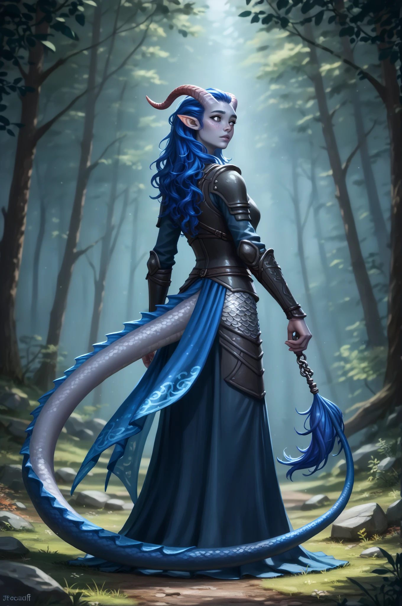 (Растёт раскидистый cedar ), ((forest in the background, cedar )), dynamics, (1Тiefling ,  dark blue-gray skin :1.4), (very thick long tiefling dragon tail:1.5), (((long dark blue flowing hair))) ,  ((( bright pigmentation on the face))), (((blue-black freckles ))) , ((2 fins on the head)), ((bright blue-grey pupils, very black eyes)), ((skin pigmentation,)),  girl  , (kind face), (face visible), (curiosity ), ( openness in view ), (small lips), ( curious eyes ), ((30 years old)), ((((chainmail)))), ((gray-black armor )),  (( Protection on a thick long dragon blue tail)), [medieval pants], (short little raincoat), (1 magic book in hand, into another twisted magic wand with a blue crystal) (( dynamic posture looks back from behind, in half a turn, face visible)) , ( dark grey straight short horns), ( supreme quality ,  masterpiece fails,   highest detail ) ,  fantasy background. blue tones, Dark tones.  Clear water, stream , scale,  Dark colors , dark shades,  muted colors. ((Bottom view from afar Dutch corner,  full length)).