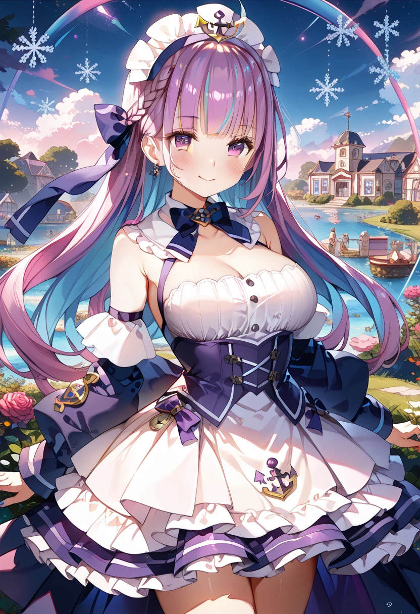  One Beautiful Girl ,,Minato Aqua, Purple and White Dress 、Big Breasts、Thighs、valley、 Lolita style maid , miniskirt, standing with different breasts 、 center from the bangs to the tip of the hair２The purple hair in the book 、 snowflakes dance　,Art Deco,chromatic painting ,Rococo, chiaroscuro,Sexy images,  knight ,Dark fantasy,Noble House 、 bets before live,masterpiece, top quality , super detailed , 8K Portrait , unity 8K wallpaper ,great detail、