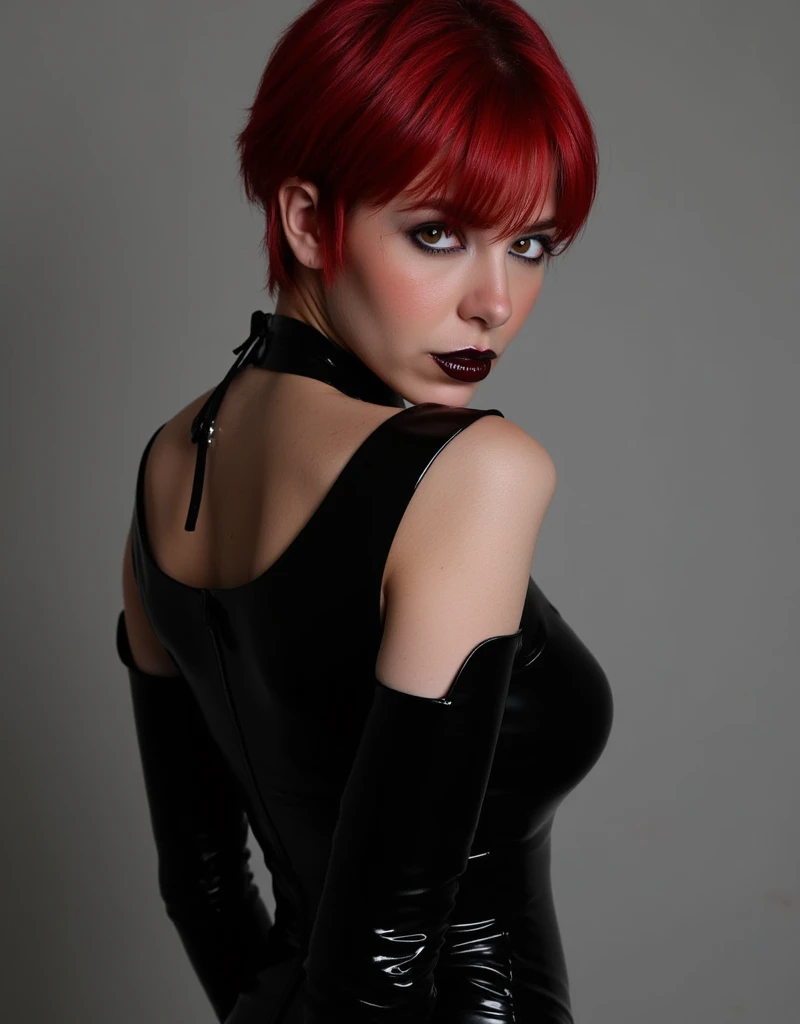 cute portrait of sexy goth girl with short red hair, latex outfit, red lip gloss, eye contact, full lips, shiny dark red lip gloss, looking up her skirt