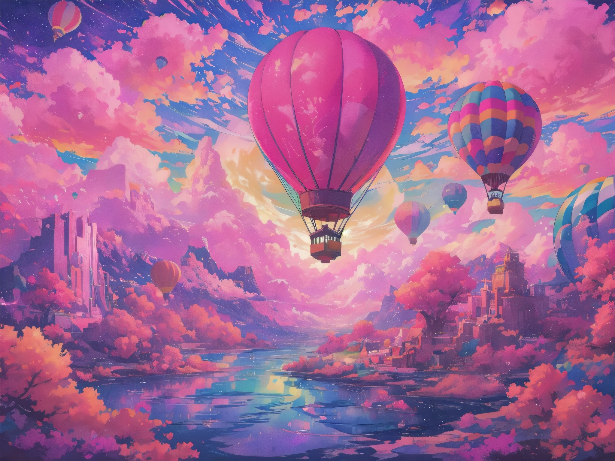 Generate a vibrant vaporwave scene with rich fantasy elements and hot air balloons. Include bold hues, watercolor clouds, and a dreamy background. The hot air balloon is important and should be detailed and pretty. 