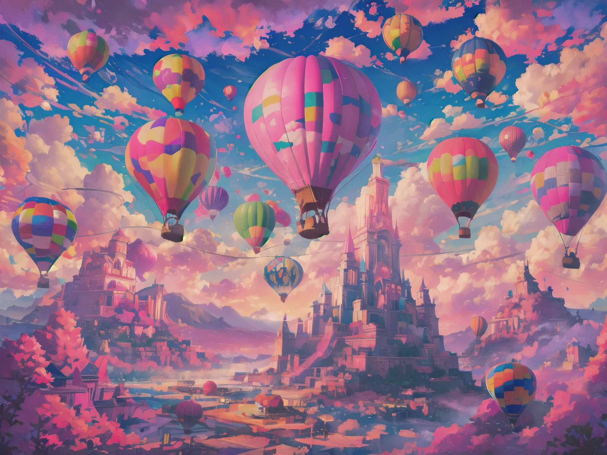 Generate a vibrant vaporwave scene with rich fantasy elements and hot air balloons. Include bold hues, watercolor clouds, and a dreamy background. The hot air balloon is important and should be detailed and pretty. 