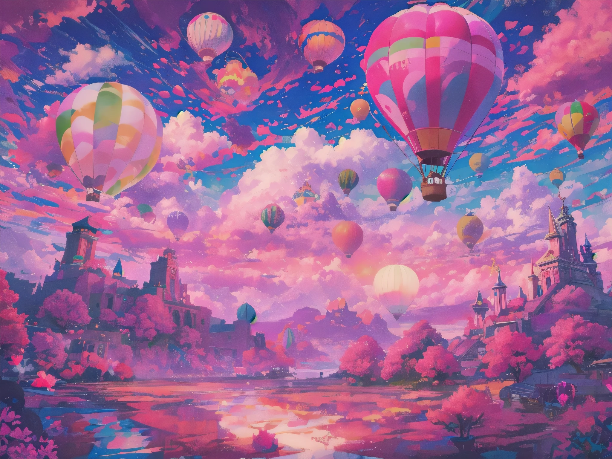 Generate a vibrant vaporwave scene with rich fantasy elements and hot air balloons. Include bold hues, watercolor clouds, and a dreamy background. The hot air balloon is important and should be detailed and pretty. 