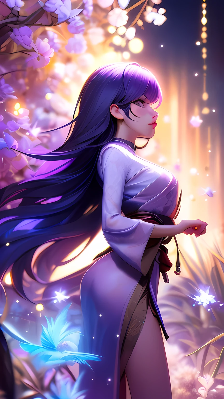 A sexy one&Pretty woman at the Gohei at night,raiden shogun, purple hair, long hair,
 huge file size,Art book, cinematic lighting ,Japanese_Clothes,kimono_skirt,profile, medium breasts,, ( Masterpiece,  high resolution ,  better quality:1.4,  awesome, ultra detailed)