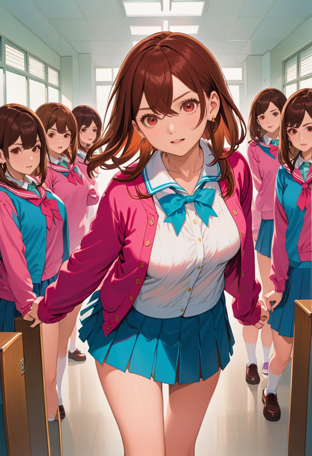 catalyst_wz, medium hair, brown hair, brown eyes, large breasts, shocks, red bowtie, , pink cardigan, long cardigan, long sleeves, blue skirt, pleated skirt, school uniform, earrings, collared shirt, white shirt, alternate costume, loose socks, white socks, バスルームでポーズをとるBig Breastsのアニメの女の子,  boobs,  don't mess with smile , a  Surreal school girl  , Touching clothes ,  revealing clothes,   realistic young gravure idol  , Big Breasts!!,  Surreal school girl  , Naughty, Nagatoro , Big Breasts!, Naughty anime style,  Multiple Fat Ugly Guys ,  Big Breasts , [   4k Digital Art   ]!!