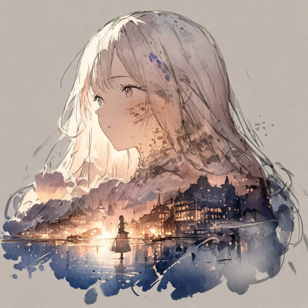 ((sketch:1.5)), ((watercolor:1)), Double Exposure of a Beautiful and Delicate Woman (The face is clear and perfect)image，Background、 perfect super detailed Victorian landscape ,  beautiful,  beautiful笑顔, complicated illustration,  artwork concept artwork, break,(When I tried it 、 the scratch was shallower than I thought ),